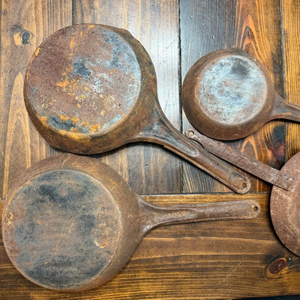 Vintage National Cold Handle Frying Pan Set 4 Cowboy Skillets Carbon Steel Rust